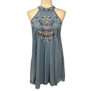 Blue Rain Floral Embroidered Chambray Halter Dress